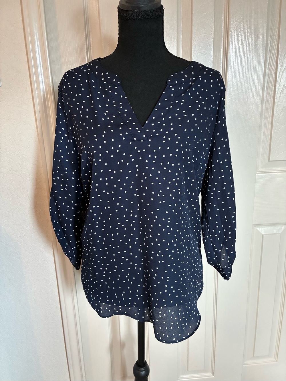Navy Polka Dot V-Neck Blouse